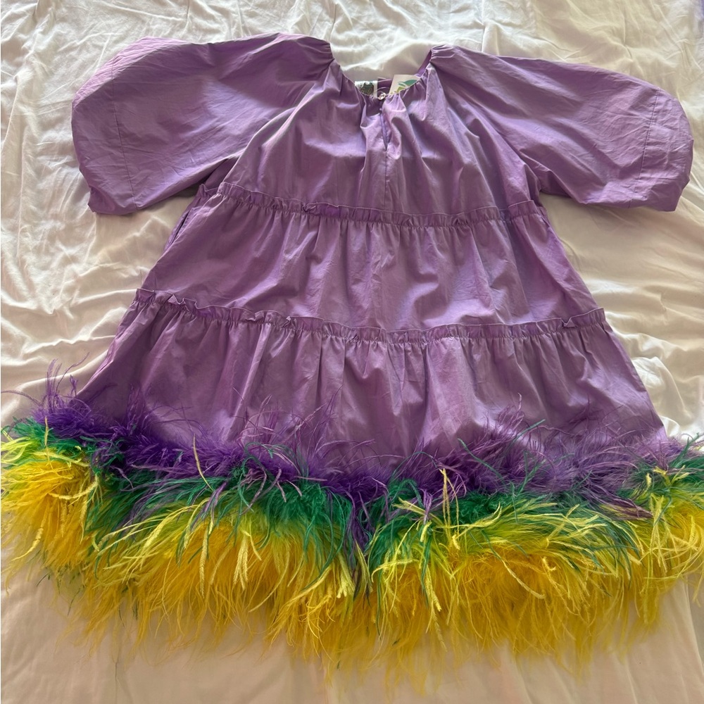 QUEEN OF SPARKLES Lilac Mini Dress with Purple, Green & Yellow Feather Trim
